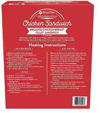 Box back for Southern Style breaded chicken sandwich with heating instructions