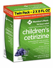 Children’s cetirizine twin pack box front and side, sugar-free grape flavor