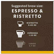 Coffee pod packaging panel: suggested brew size Espresso & Ristretto, 0.85 oz