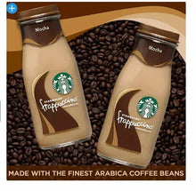 Mocha Starbucks Frappuccino bottled coffee drink, two 9.5 oz bottles on coffee beans