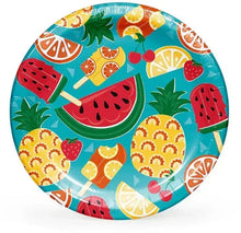 Fruit-pattern paper plate with teal background, watermelon popsicles and citrus slices