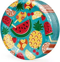 Fruit-pattern paper plate with teal background and watermelon, citrus, popsicles design