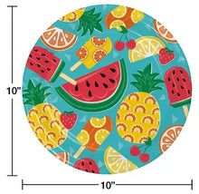 Fruit-pattern paper plate with teal background; fruit design and 10 in round size shown