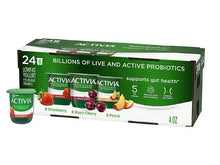 Activia lowfat yogurt variety pack box, 24 ct, 8 strawberry, 8 black cherry, 8 peach