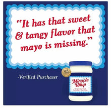 Miracle Whip dressing jar with blue label and quote text on package insert.