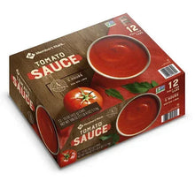 Tomato sauce multipack carton with two bowls of red sauce and tomato graphics