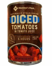 Member's Mark diced tomatoes in tomato juice can with diced red tomato pieces