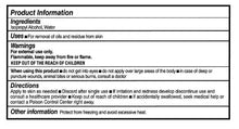 Alcohol swab product information label with ingredients, uses, and warnings