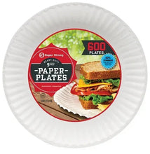 9-inch paper plate with red "600 plates" label and scalloped rim