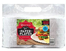 Pack of 9-inch white paper plates, 600 count, with barcode and label