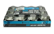 Chafing fuel canisters in cardboard tray box, silver lids visible on top