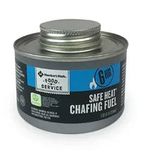 Safe heat chafing fuel canister with blue label and ribbed silver lid