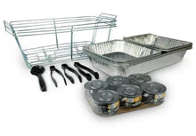 Stainless steel chafing set tray with wire rack, foil pans, and fuel cans.