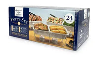 24-piece party set chafing fuel kit retail box with disposable serving trays shown.