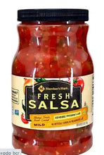 Glass jar of red salsa with black lid, front label with Mild Fresh Salsa.