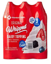 Red Member's Mark Original whipped dairy topping 3-pack pouch with cream and berry graphics