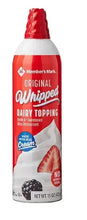 Red and white Member's Mark Original whipped dairy topping bottle with strawberry graphic