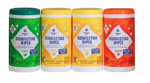 Disinfecting wipes variety pack of four containers in green, yellow, and orange