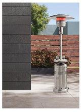 Stainless steel patio heater with black top cap and cylindrical LED table base