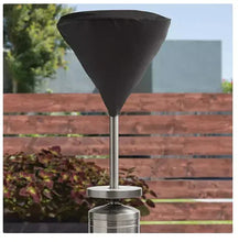 Patio heater with tall pole, black heat top, and round stainless LED table