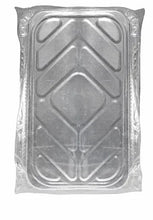 Full-size heavy grade aluminum steam table pan tray, rectangular with raised edges.