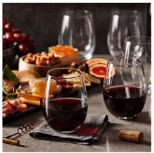 Stemless crystal wine glasses with red wine, clear stemless cups