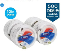 Dixie Ultra 10-inch paper plate case, white leaf design plates, 500 plates shown