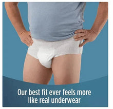 White men's incontinence underwear briefs on model, snug fit