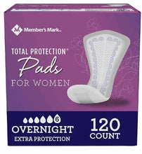 Women’s overnight protection pads, 120 count, in purple retail box