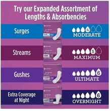 Overnight pads packaging with absorbency options: moderate, maximum, ultimate