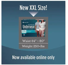 Incontinence underwear promo card showing a boxed XXL size and count
