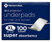 Member's Mark underpads box, XL 100-count 30x36 super absorbency