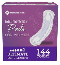 Women’s long protection pads package with single white absorbent pad, 144 count