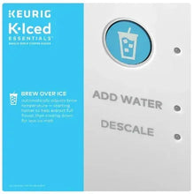White Keurig K-Iced Essentials pod coffee maker front with add water and descaling labels