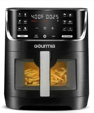 Stainless black Gourmia window air fryer front with digital control buttons