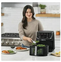 Black Gourmia window air fryer with open drawer basket and digital touch panel