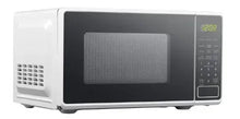 White countertop microwave oven with left side vent and digital keypad