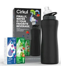 Matte black stainless steel water bottle with black lid and flavor cartridge packs