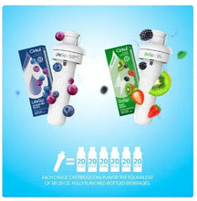 Two white flavor dispenser bottles with green and blue cartridge labels