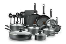 Grey nonstick pots and pans cookware set with multiple pans, lids, and tools