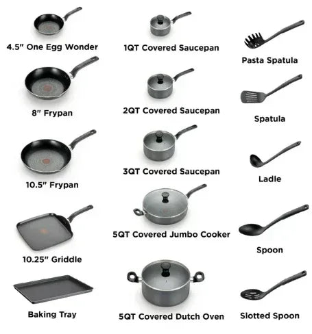 T-fal Easy Care, 20 Piece Non-Stick Pots and Pans Cookware Set, Grey