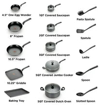 Assorted grey nonstick cookware pieces and tools, including fry pans and saucepans
