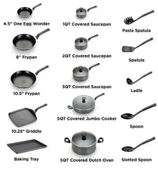T-fal Easy Care, 20 Piece Non-Stick Pots and Pans Cookware Set, Grey