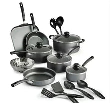 Steel gray nonstick cookware set with lids, utensils, and strainer basket