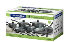Cookware set box showing 18-piece nonstick cookware assortment and utensil icons