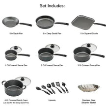 Cookware set contents diagram with pans, utensils, and stainless steel strainer basket