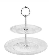 Clear two-tier glass server with chrome ring handle and etched glass plates