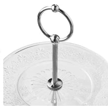 Clear two-tier glass server with chrome ring stand and etched top plate
