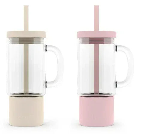 Ello Nova 2-Pack Glass Tumbler with Straw, Cream & Pink, 18oz