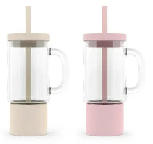2-pack glass tumblers with straws, cream and pink, each with handle